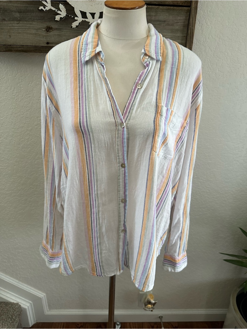 Rails Charli Merida Stripe linen blend button down blouse ladies size Large